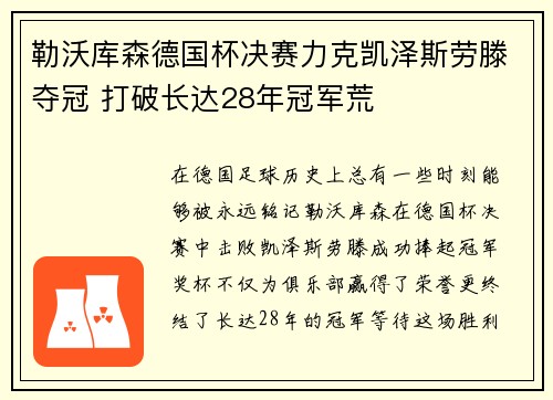 勒沃库森德国杯决赛力克凯泽斯劳滕夺冠 打破长达28年冠军荒