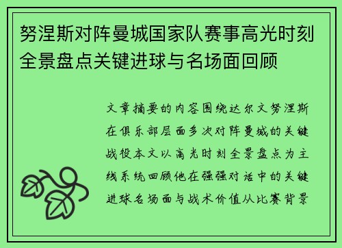 努涅斯对阵曼城国家队赛事高光时刻全景盘点关键进球与名场面回顾