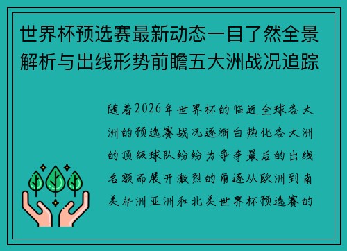 世界杯预选赛最新动态一目了然全景解析与出线形势前瞻五大洲战况追踪