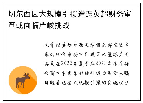 切尔西因大规模引援遭遇英超财务审查或面临严峻挑战